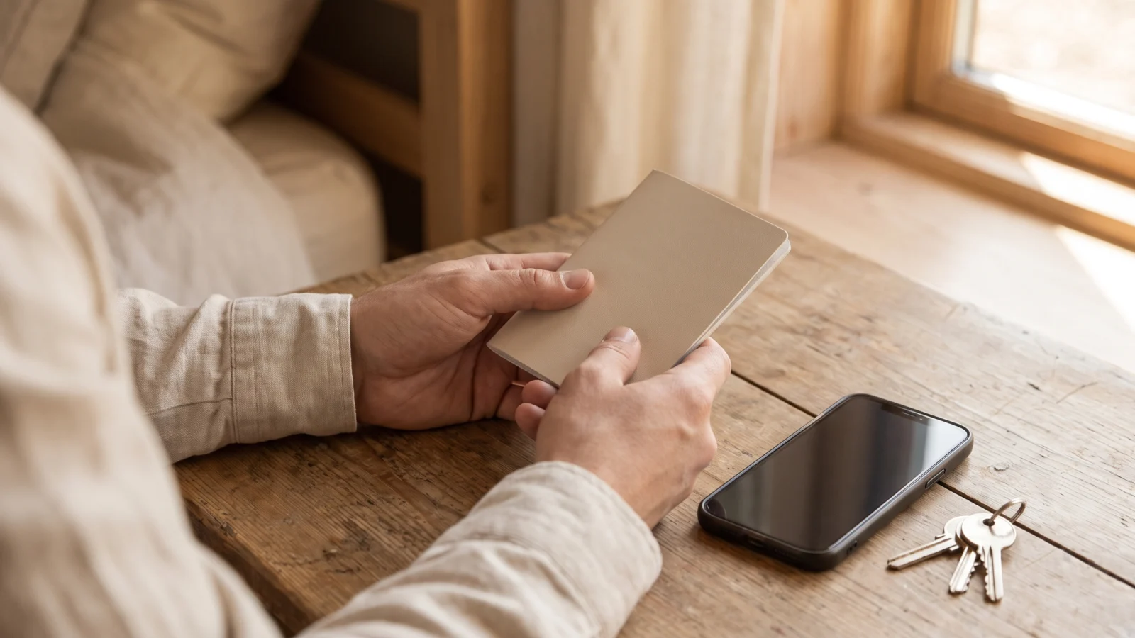 Check-in di un ospite: documento di riconoscimento, smartphone e chiavi di casa su un tavolo in legno