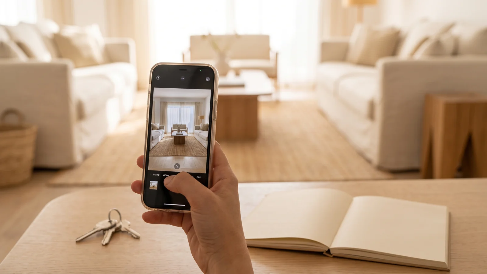Smartphone che fotografa il soggiorno di una casa vacanze dopo il check-out, con le chiavi in primo piano