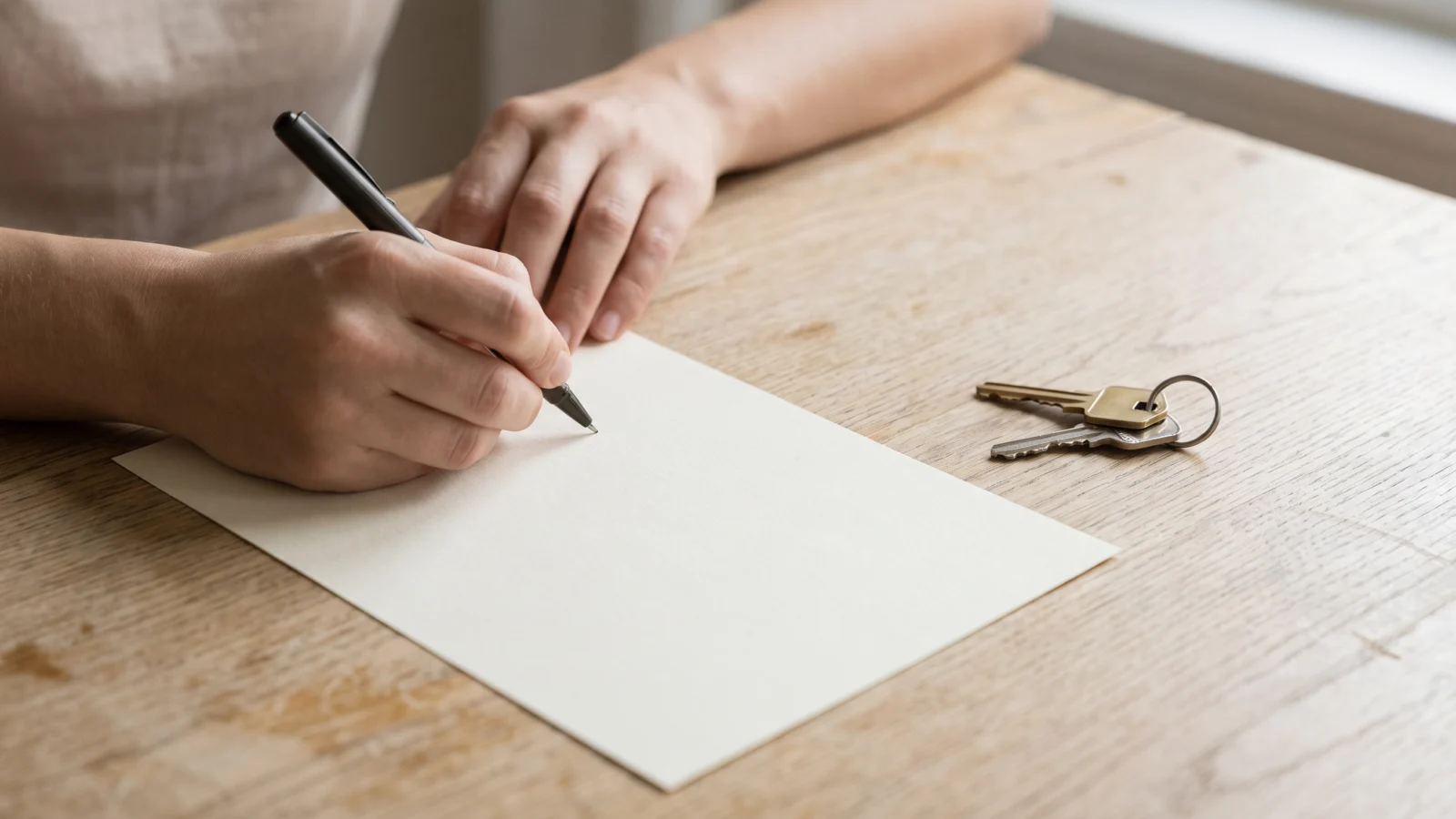 Mani che firmano un contratto di locazione breve accanto alle chiavi di casa