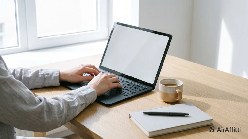 Mani che preparano con calma una risposta professionale su un laptop, su una scrivania luminosa