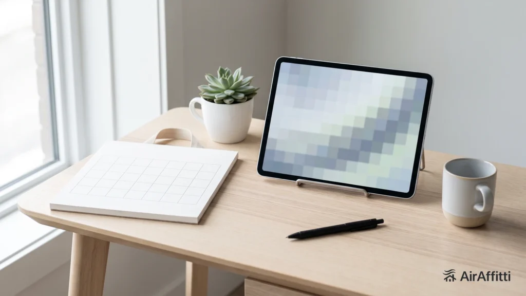 Tablet con un calendario di prenotazioni astratto e un calendario a parete su una scrivania chiara
