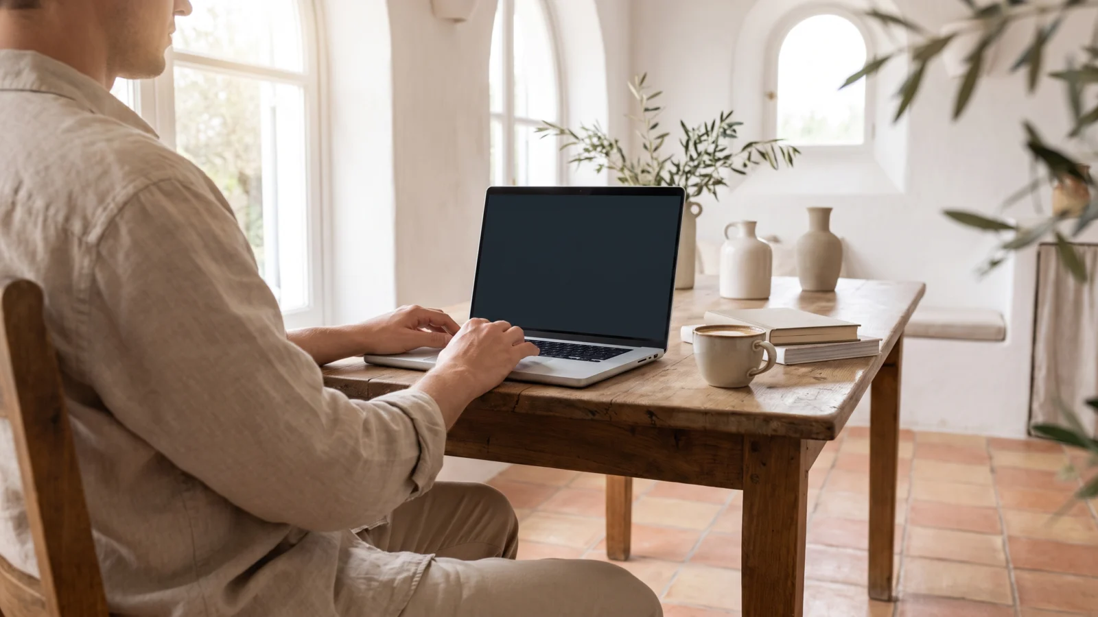 Host che scrive con calma la risposta a una recensione negativa dal laptop