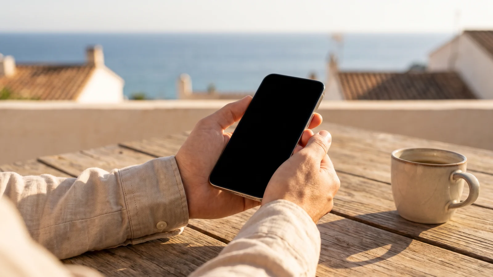 Host che risponde a un ospite dallo smartphone su una terrazza con vista mare