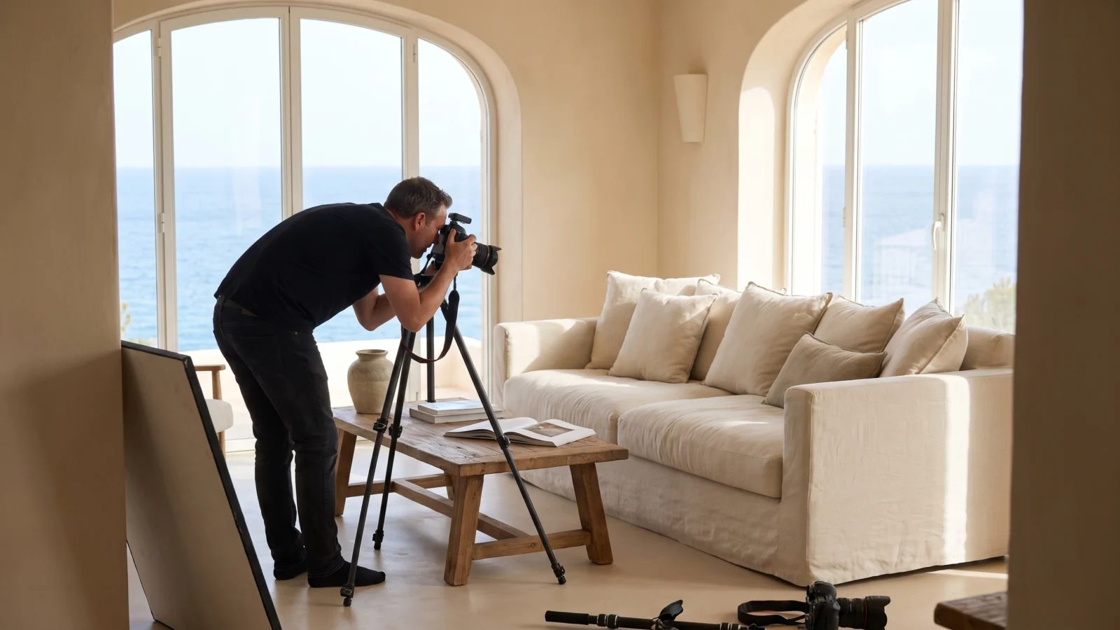 Fotografo professionista che scatta il soggiorno luminoso di una casa vacanze